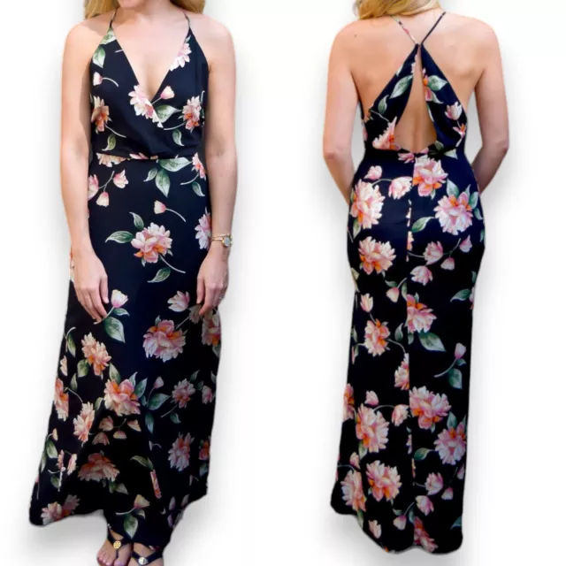 Lush Maxi Dress Black Floral Flowy Side Slit Boho Freya Womens XS