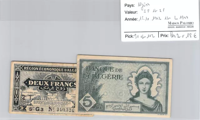 2 BILLETS ALGERIE - 5 FRANCS ET 2 FRANCS - 1611.1942 et L1944