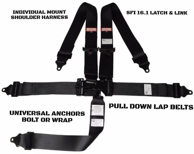 Off Road Pro Lite Racing Harness Sfi 16.1 Latch & Link Roll Bar Mount 5 Pt Black