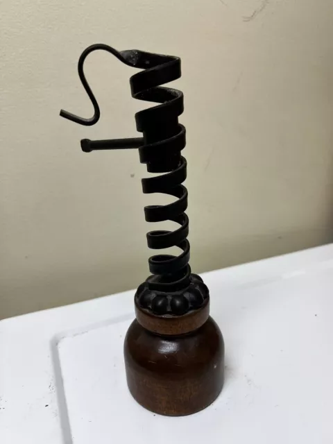 Primitive Spiral Cast Iron & Wood Courting Candle Taper Holder Candlestick