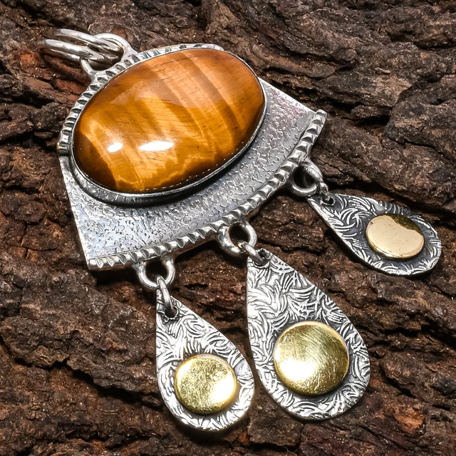 Tiger Eye Gemstone 925 Sterling Silver Jewelry Pendant 2.76"