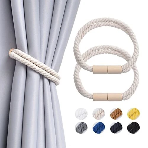 Wooden Magnetic Curtain Tiebacks Boho Decoration Drape Tie 2 Pack Beige-02