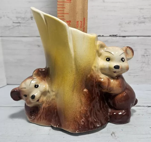 Vintage 40s 50s Small Pottery Planter Cubs Bears Tree Trunk  American Bisque