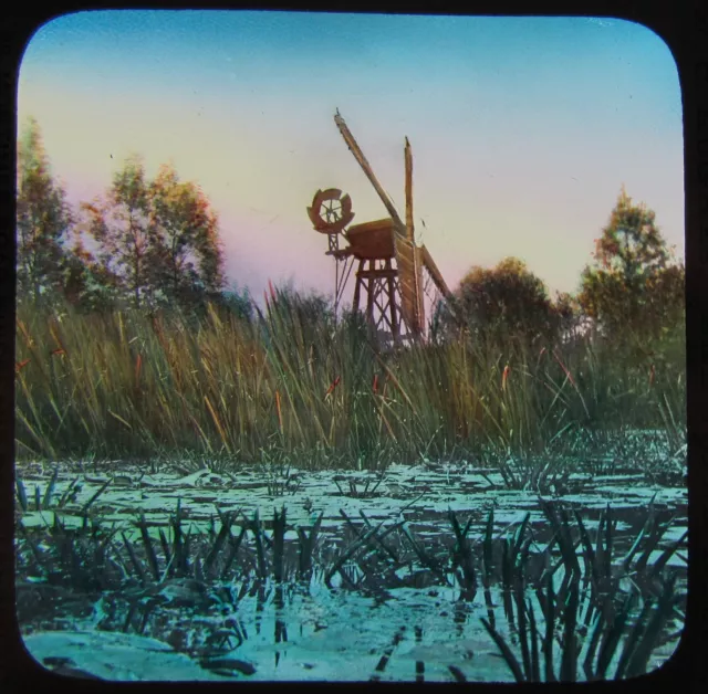 JV Glass Magic Lantern Slide NORFOLK BROADS WATER LILLIES & WINDMILL C1890