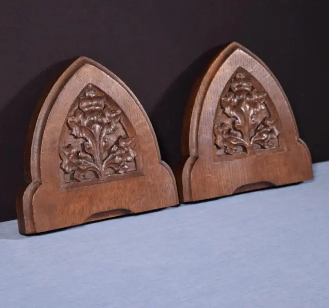 *Pair of Gothic Carved Architectural Panels/Trim in Solid Oak Wood Salvage