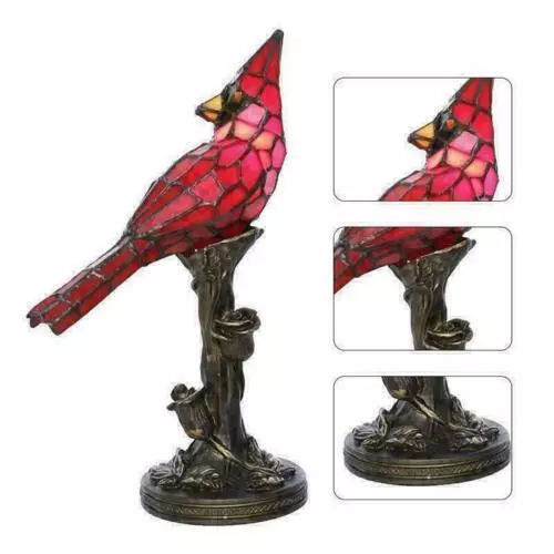 Bird Table Lamp Tiffany Style Red Cardinal Stained Glass Accent Light Gift