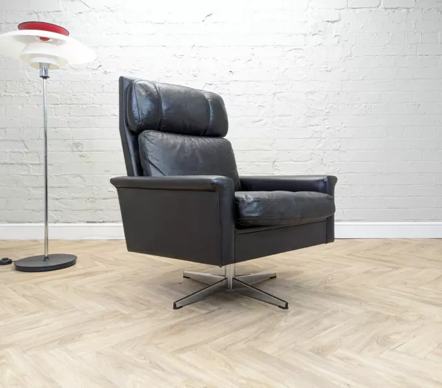 Mid-Century Vintage Retro Danish Black Leather Swivel Lounge Armchair 1960s