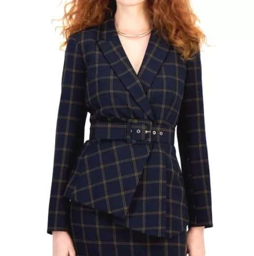 Tahari Women's Asl Belted Windowpane Jacket Blazer - Midnight Saddle - Size 8