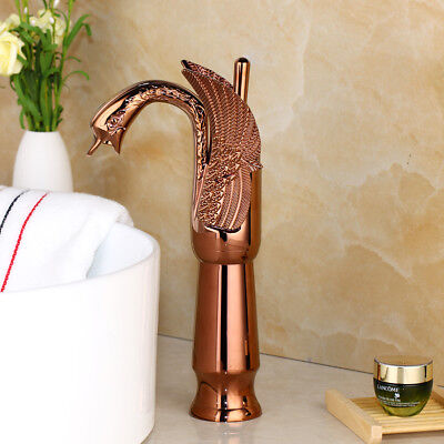 Rose Gold Swan Style Deck Mounted Bathroom Basin Sink Vessel Faucet Mixer Tap