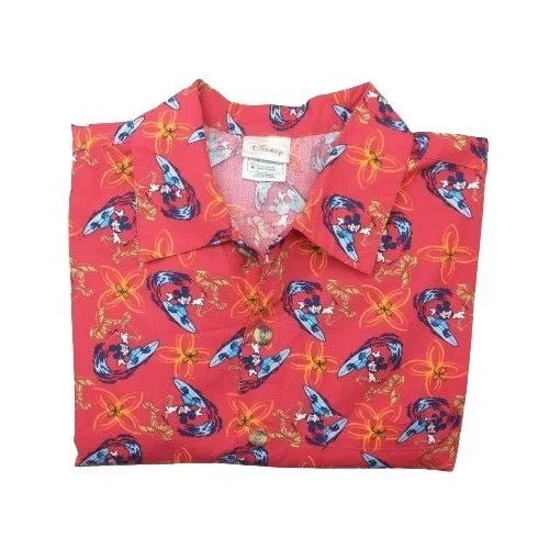 Disney Mickey Mouse Red Hawaiian Wave Floral Short Sleeve Button Up Shirt Medium