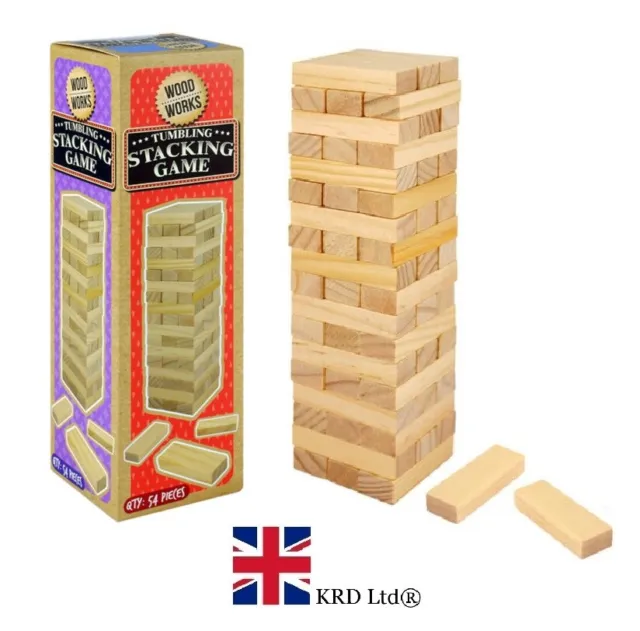 54 Pcs Wooden TUMBLING TOWER STACKING GAME Blocks Classic Building Gift Box UK