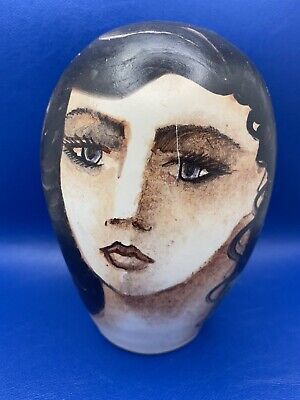 Old Signed French Clay Irregular Shaped Lady Head Sculpture with Painted Face