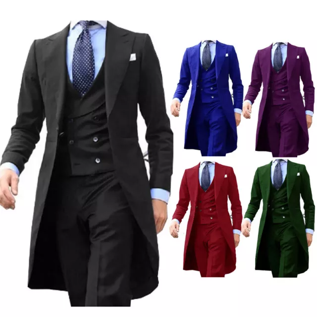 Men Business Formal 3 Pcs Long Blazer Dress Suit Casual Suit Groom Wedding Party