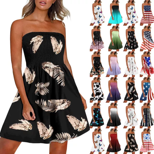 Ladies Women Sheering Boobtube Bandeau Strapless Top Summer Dress Boho Sundress