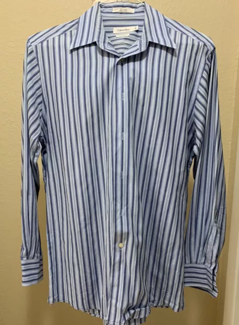 Calvin Klein Long Sleeve Button Front Blue White Striped Shirt Mens Size 15 32/3