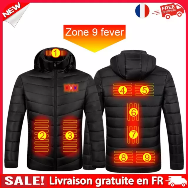 Electric Heated Hooded Jacket 9 Areas USB Windproof Warm Mens Thermal Coat (L)