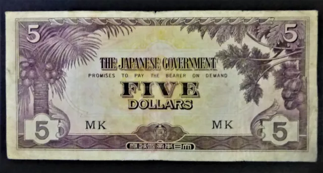 WW2 JIM - Japanese Invasion Money - Malaya 5 Dollars 1942-45 Note