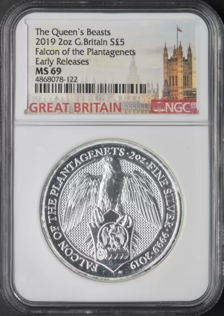 2019 UK 2oz Silver £5 Queens Beast Falcon - NGC MS69 Early Releases ✪COINGIANTS✪