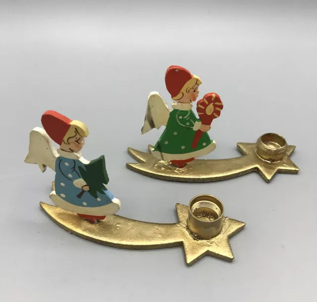 2 Schöne Lichterengel Erzgebirge Engel Holz Figuren Kerzenhalter Alt Antik