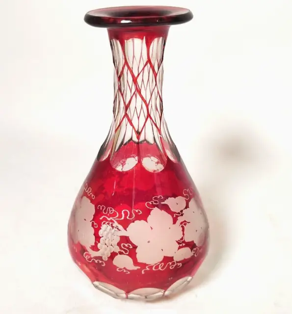 Ruby Red Small Vase, beautiful details, cut to clear, height 14 cm