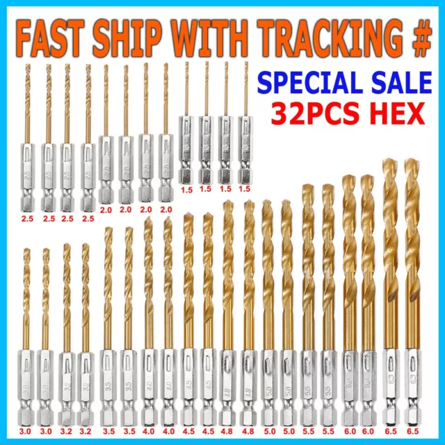 32PCS Drill Bit Set Titanium Coated HSS High Speed Steel Hex Shank Quick Change