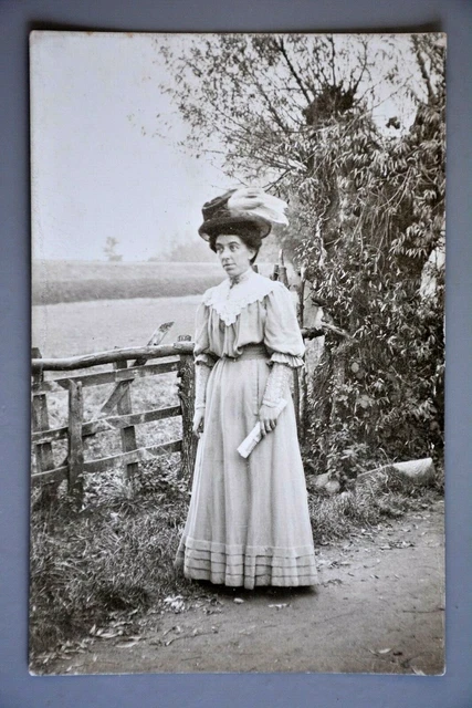 Postcard, Outdoor Portrait of Woman in Late Victorian/Edwardian Fashions
