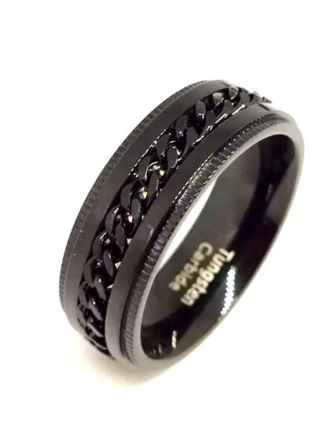 Tungsten Carbide 8mm Black Spinner Ring Curb Chain Wedding Men Women Band