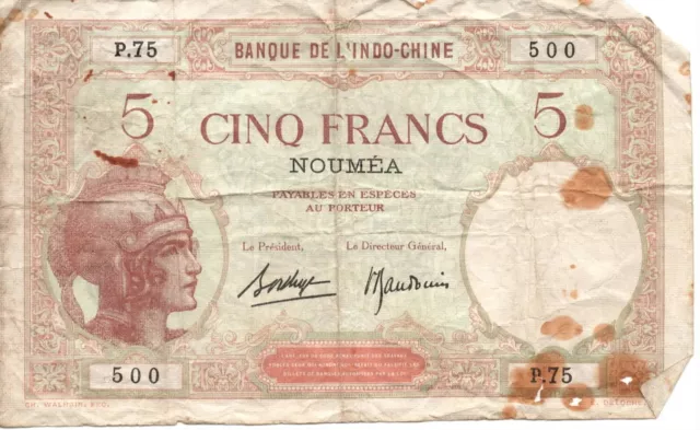 New Caledonia (Noumea) 5 Francs ca. 1926 Well Circulated Banknote Paper Money