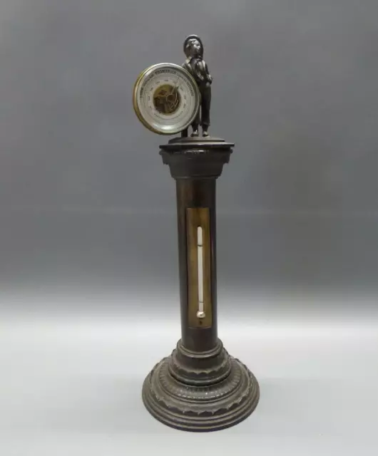 ~1900 Wetterstation Figürlich Bronze-Säule m. Barometer + Thermometer 100% orig