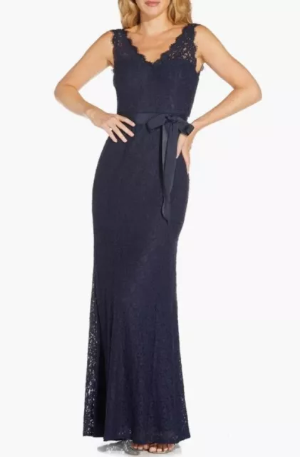 ADRIANNA PAPELL Dress Size 2 Navy Blue Lace V-Neck Satin Sash Belt NWT $219