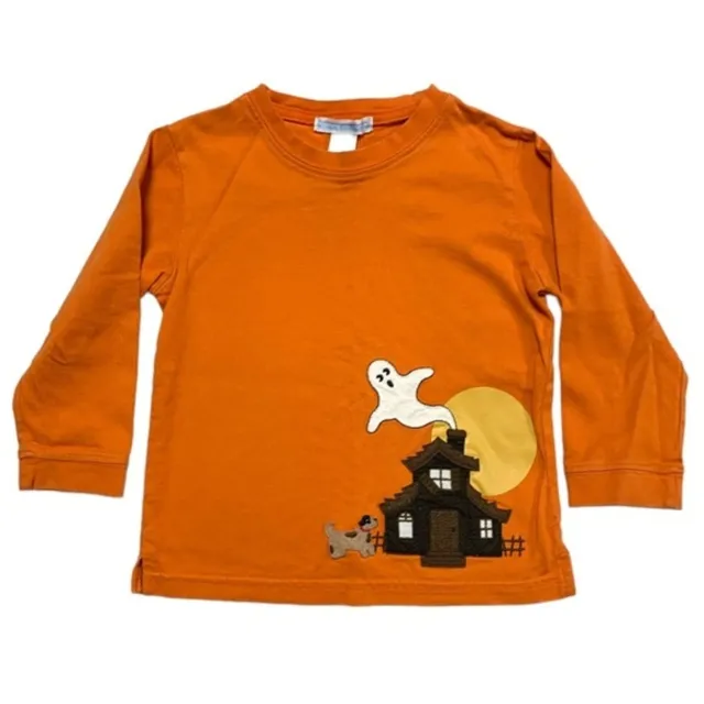 Halloween Embroidered Ghost Haunted Scene Orange Long Sleeve Tee Shirt Top
