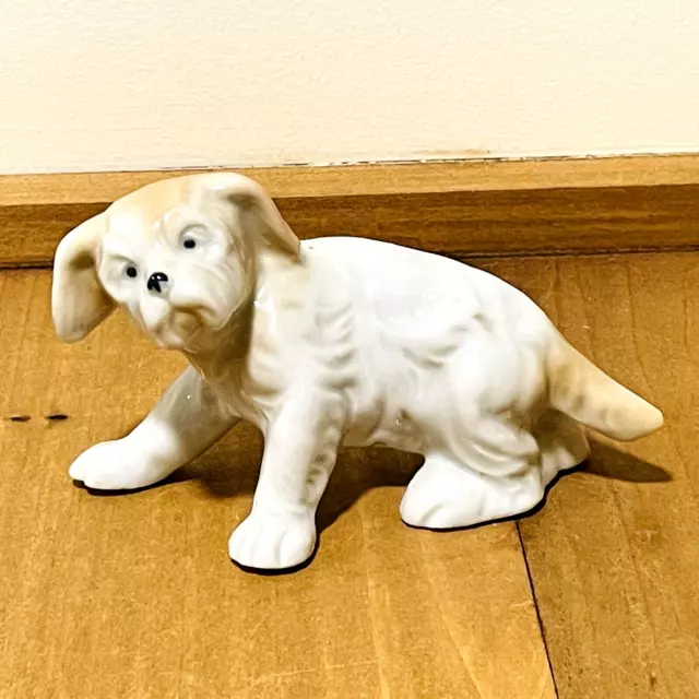 Vintage Japan Ceramic White Tan Dog Figurine Terrier Puppy