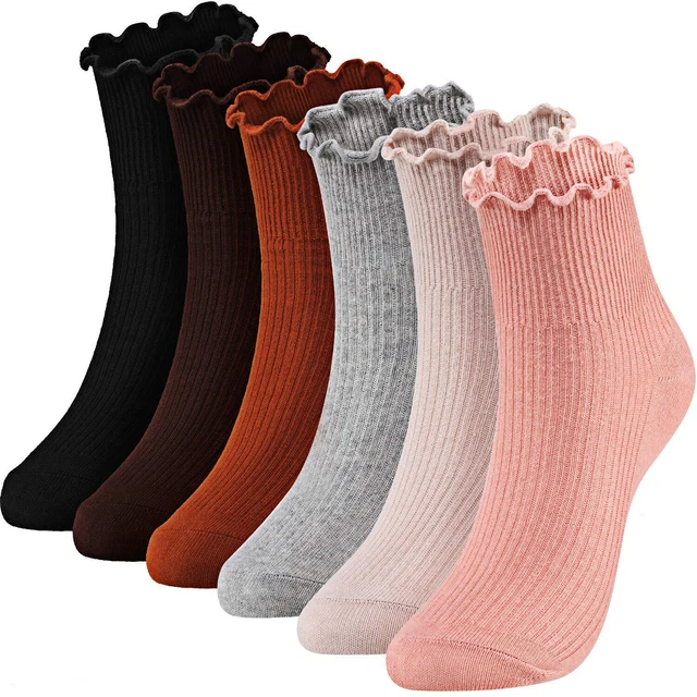 Women Ankle Socks Knit Lace Ruffle Socks Solid Color Casual Socks, 6 Pair (Bl...