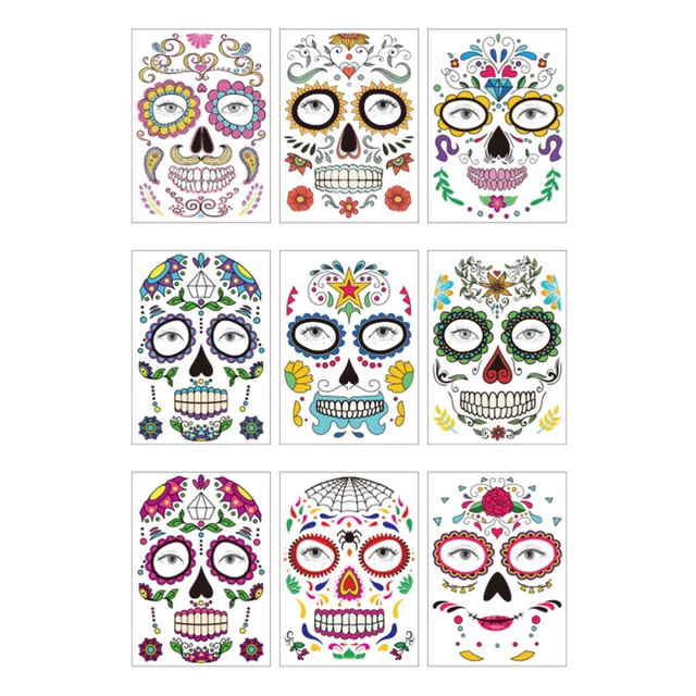 9 Pcs Face Tattoo Stickers Paper Child for Men Halloween Decals Suger Skull