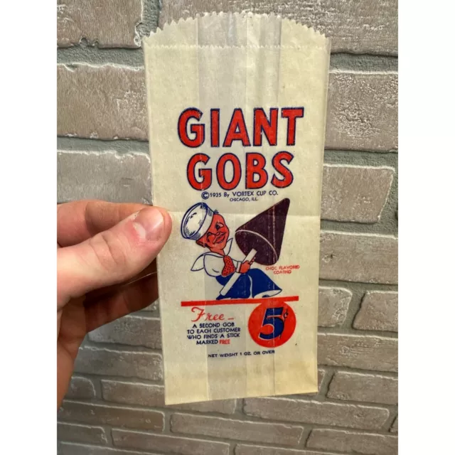 Vintage 1935 Giant Gobs Candy Bag Vortex Cup New Unused Sailor Cartoon Chicago