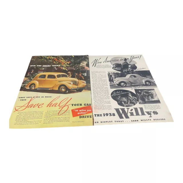 Vintage 1937 Willys Automobile Ephemera Print Ad 20.5” X 13.5” C.09 Two Page Ad