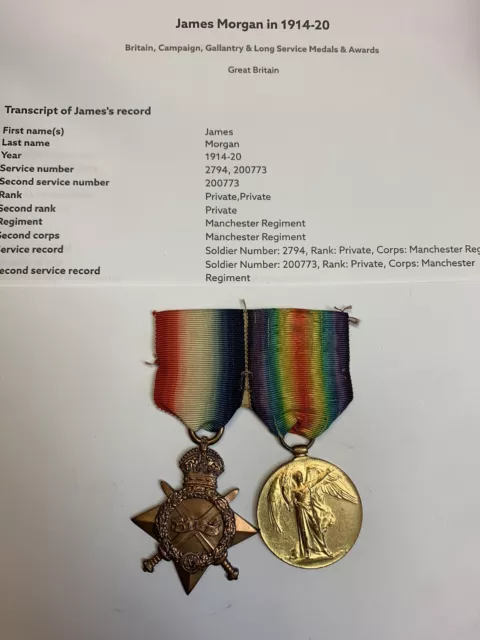 Ww1 Star & Victory Medals Awarded To 2794 J. Morgan Manchester Regiment