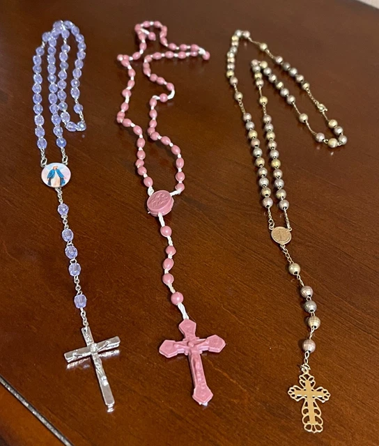 Three vintage rosary necklaces, cross, beaded, metals, plastic Ecuador