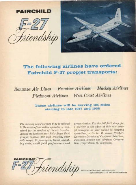 1956 Fairchild Aircraft Ad F-27 Friendship Prophet Airplane Airline Orders