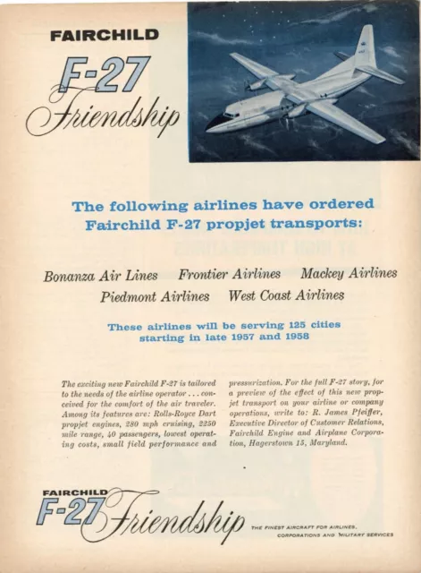 1956 Fairchild Aircraft Ad F-27 Friendship Prophet Airplane Airline Orders