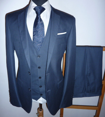Mens River Island Suit 3 Piece 40 L Blue Jacket Waistcoat Trousers 34 L