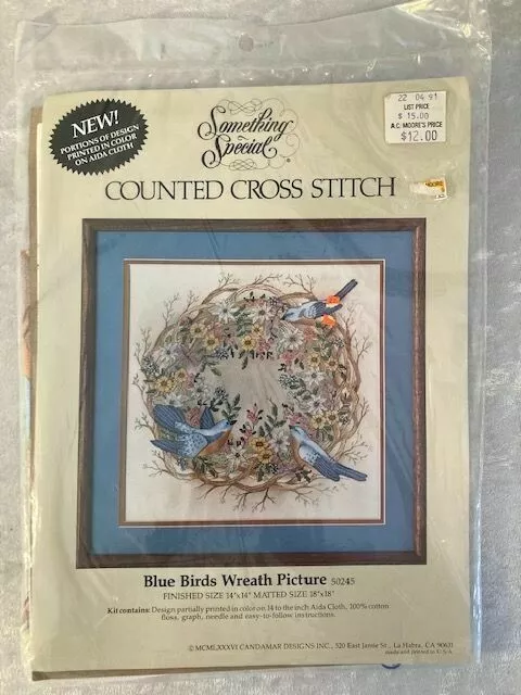 NEW Sealed Blue Birds Wreath Counted Cross Stitch Kit 1986 Candamar 14"x14"USA