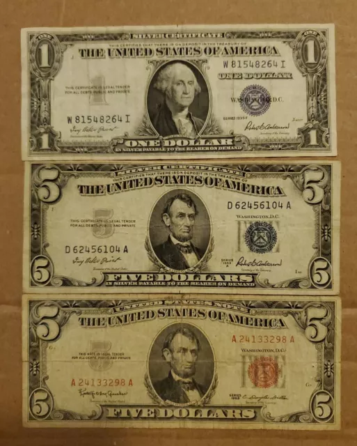 1953 A $5.00 Five Dollar Blue Seal Silver Cert, 1963 Red Seal and 1935 F $1 Blue