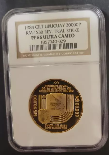 RARE **TRIAL STRIKE** 1984 Uruguay Copper Gilt 20,000 Pesos KM-TS30 REV NGC PF66