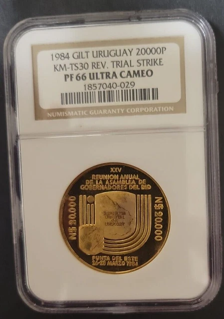 RARE **TRIAL STRIKE** 1984 Uruguay Copper Gilt 20,000 Pesos KM-TS30 REV NGC PF66
