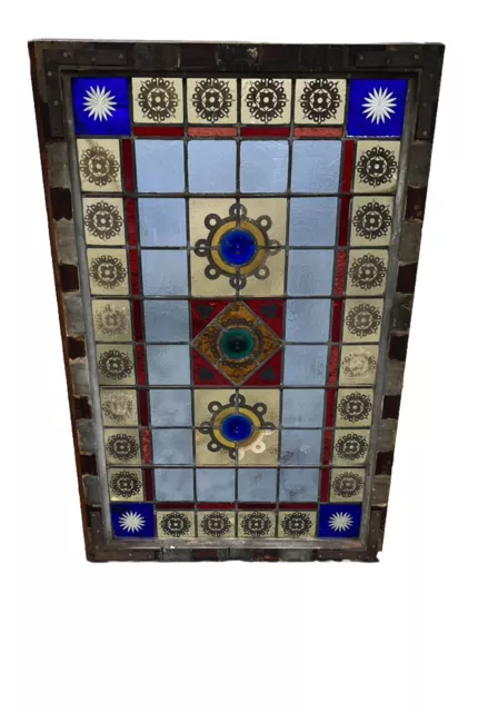 ANTIQUE STAINED LEADED GLASS TRANSOM WINDOW FOR REPURPOSE, EARLY 1900s, NYC AREA