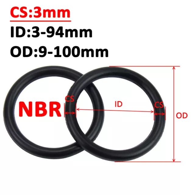 CS 3mm O-Ring Nitrile Rubber Black Oil Seal Gasket Metric ID 3mm-94mm OD 9-100mm