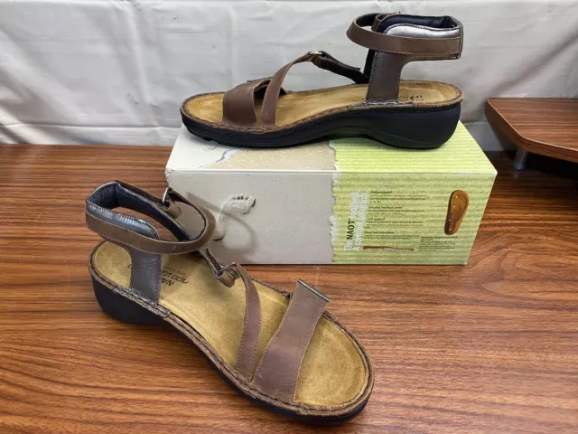 Naot Daisy Saddle Brown Pewter Leather  Buckles Ankle Strap Sandals 10 Us 41 Eu