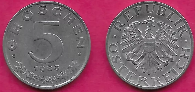 Austria 5 Groschen 1985 Vf Imperial Eagle With Austrian Shield On Breast,Ho