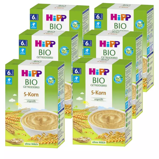 6x 200g HiPP Bio Getreidebrei 5 Korn Sin Azúcares Añadidos Leche Edulcorantes Ab